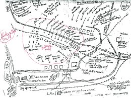 Dave Sharp drew this area map of things our time might not quite recall.  Can you spot Harmon's log house (built by his father William III)?