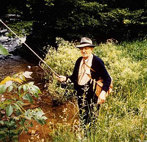 <a href="../main/history.php#fifth">L.D. Sharp</a> fishing Big Spring Fork near its confluence with the Elk (circa 1960).